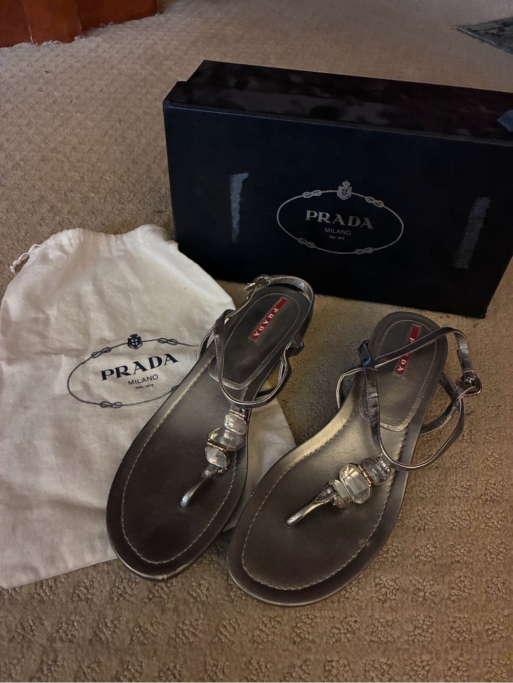 Prada Metallic Silver Crystal Wedge Leather Sandals - Women
